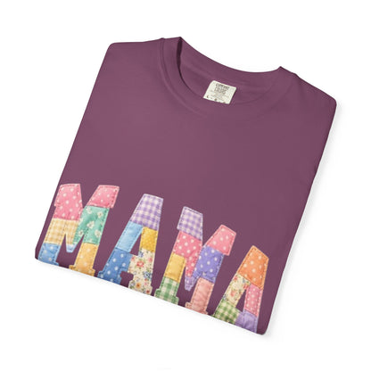 Mama Patchwork Graphic T-Shirt – Colorful Quilted Letter Tee for Moms