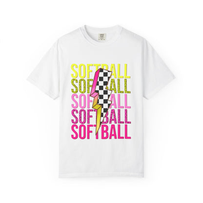 Softball Lightning Tee — Checkerboard Bolt Graphic Softball T‑Shirt