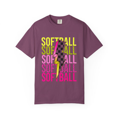 Softball Lightning Tee — Checkerboard Bolt Graphic Softball T‑Shirt