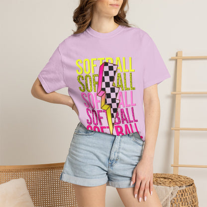 Softball Lightning Tee — Checkerboard Bolt Graphic Softball T‑Shirt