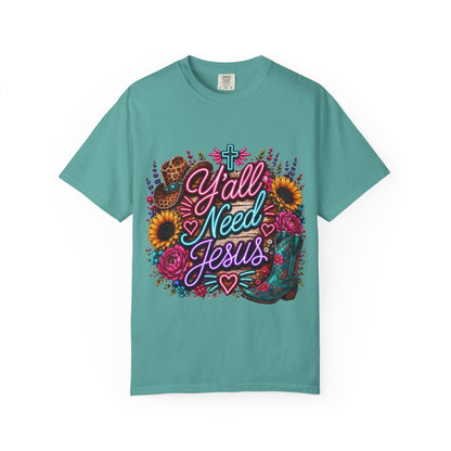 Y'all Need Jesus T-Shirt — Floral Cowboy Boot Christian Graphic Tee