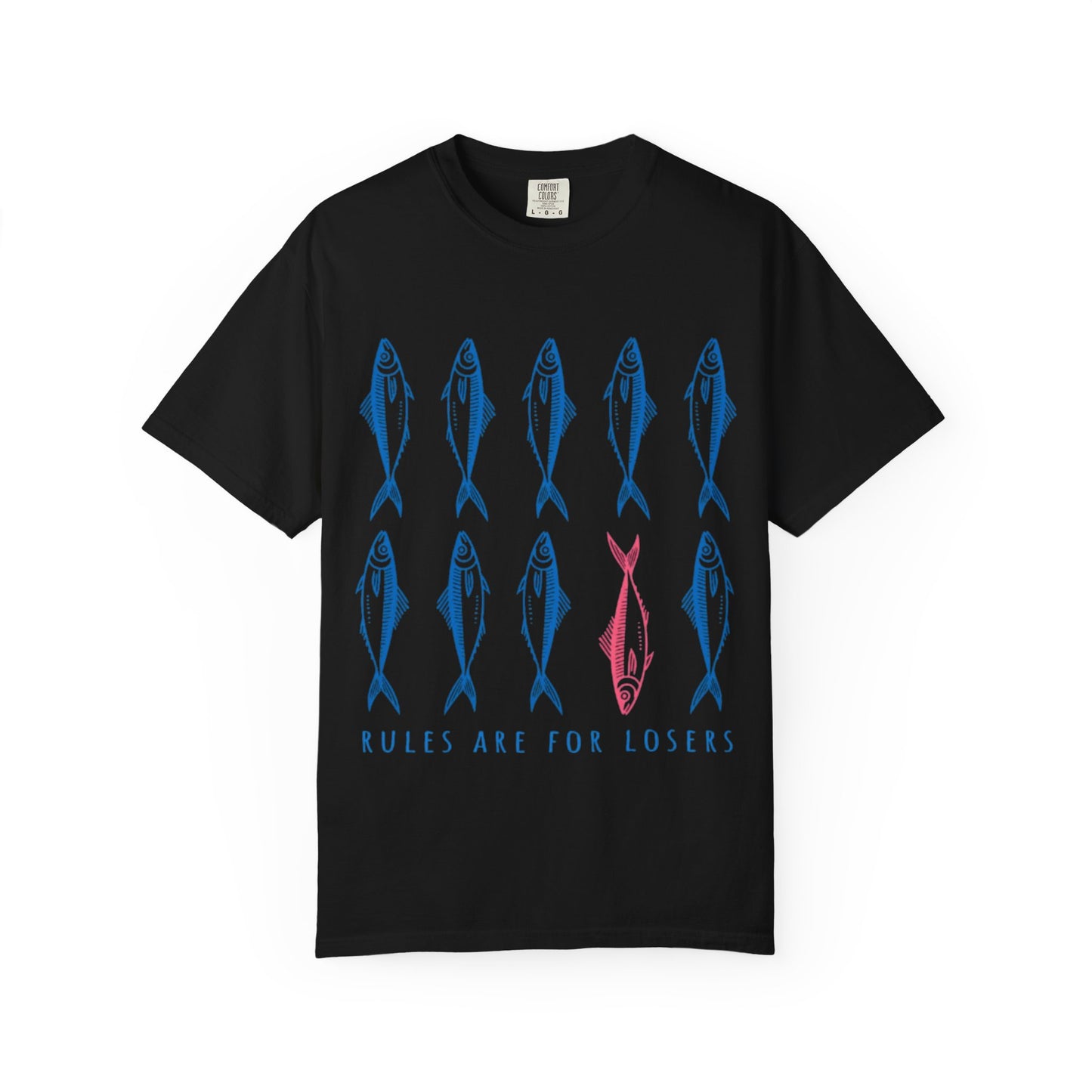 T-Shirt “Rules Are for Losers” Mackerel Print —