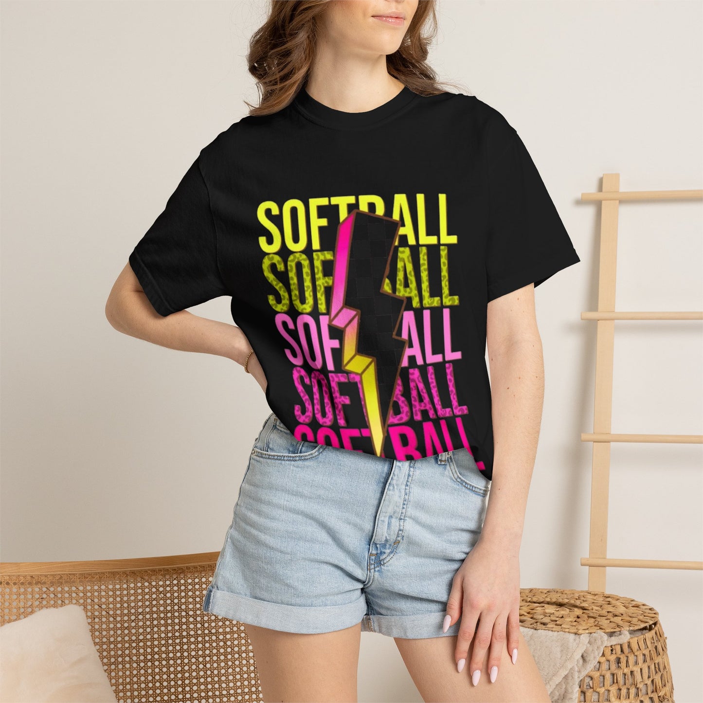 Softball Lightning Tee — Checkerboard Bolt Graphic Softball T‑Shirt