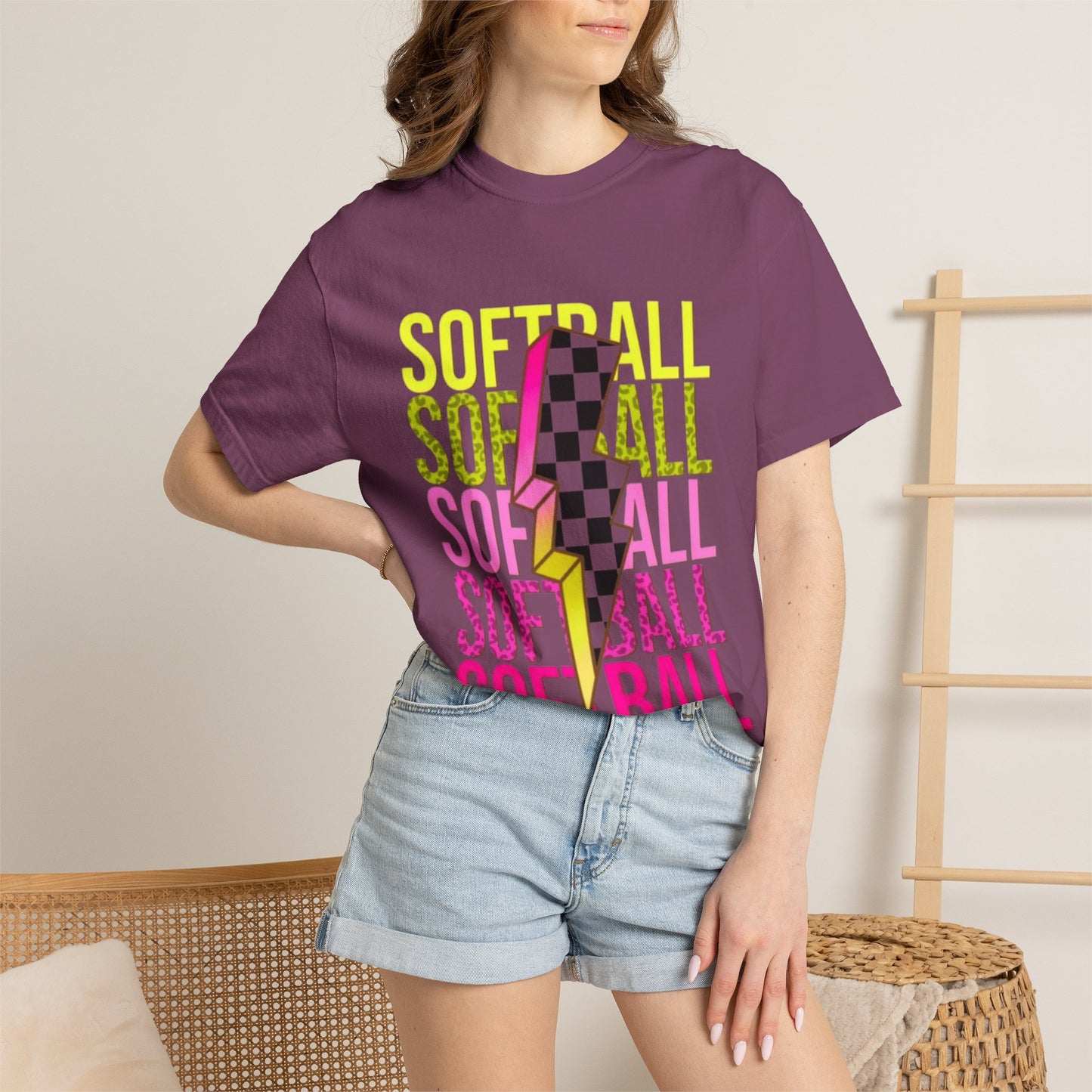 Softball Lightning Tee — Checkerboard Bolt Graphic Softball T‑Shirt