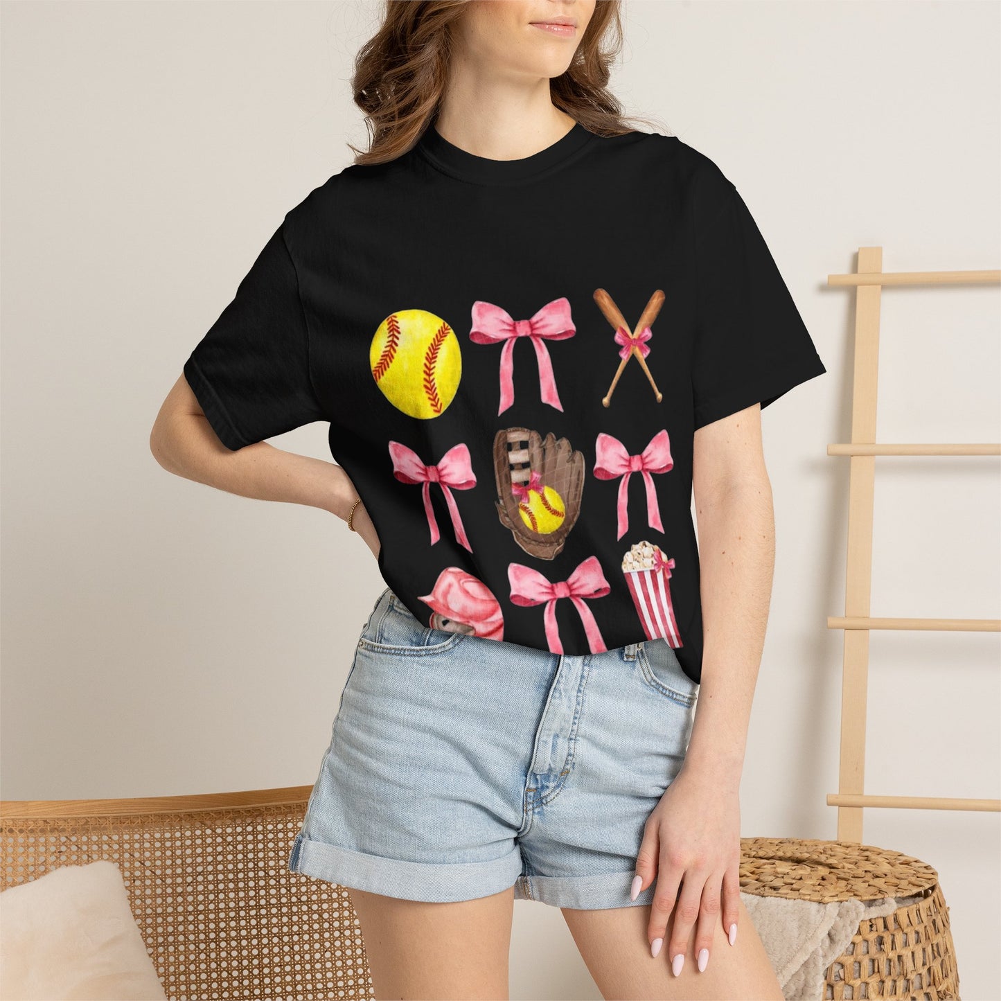Softball Mom Graphic T-Shirt — Pink Bows, Glove & Helmet Design