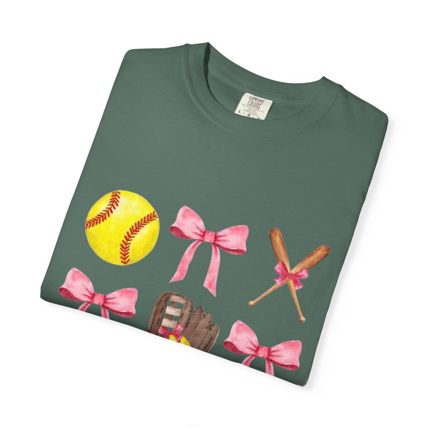 Softball Mom Graphic T-Shirt — Pink Bows, Glove & Helmet Design