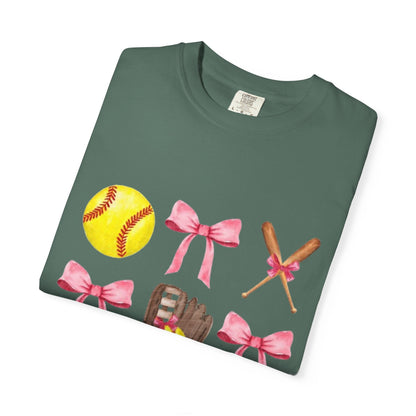 Softball Mom Graphic T-Shirt — Pink Bows, Glove & Helmet Design