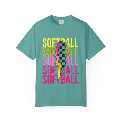 Softball Lightning Tee — Checkerboard Bolt Graphic Softball T‑Shirt