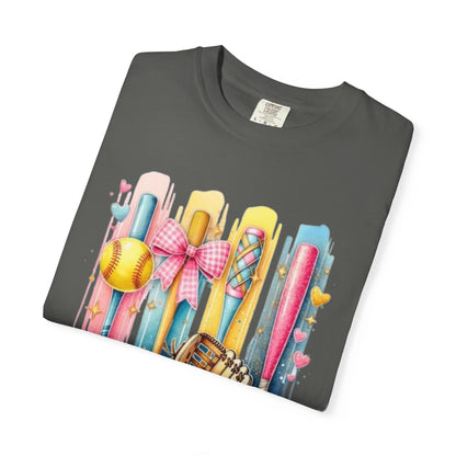 Softball Mama T-Shirt - Colorful Bats & Glove Graphic
