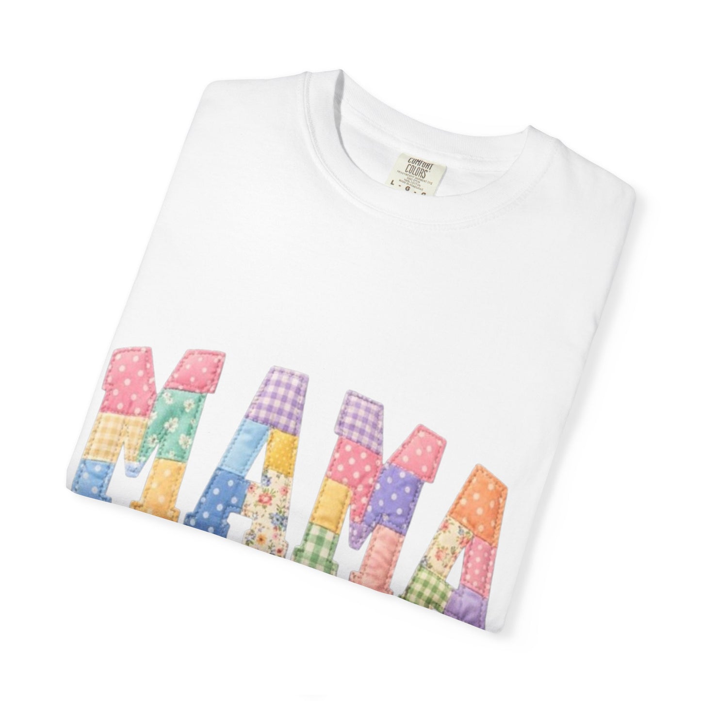Mama Patchwork Graphic T-Shirt – Colorful Quilted Letter Tee for Moms