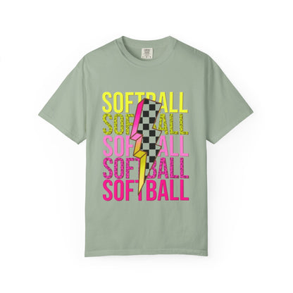 Softball Lightning Tee — Checkerboard Bolt Graphic Softball T‑Shirt