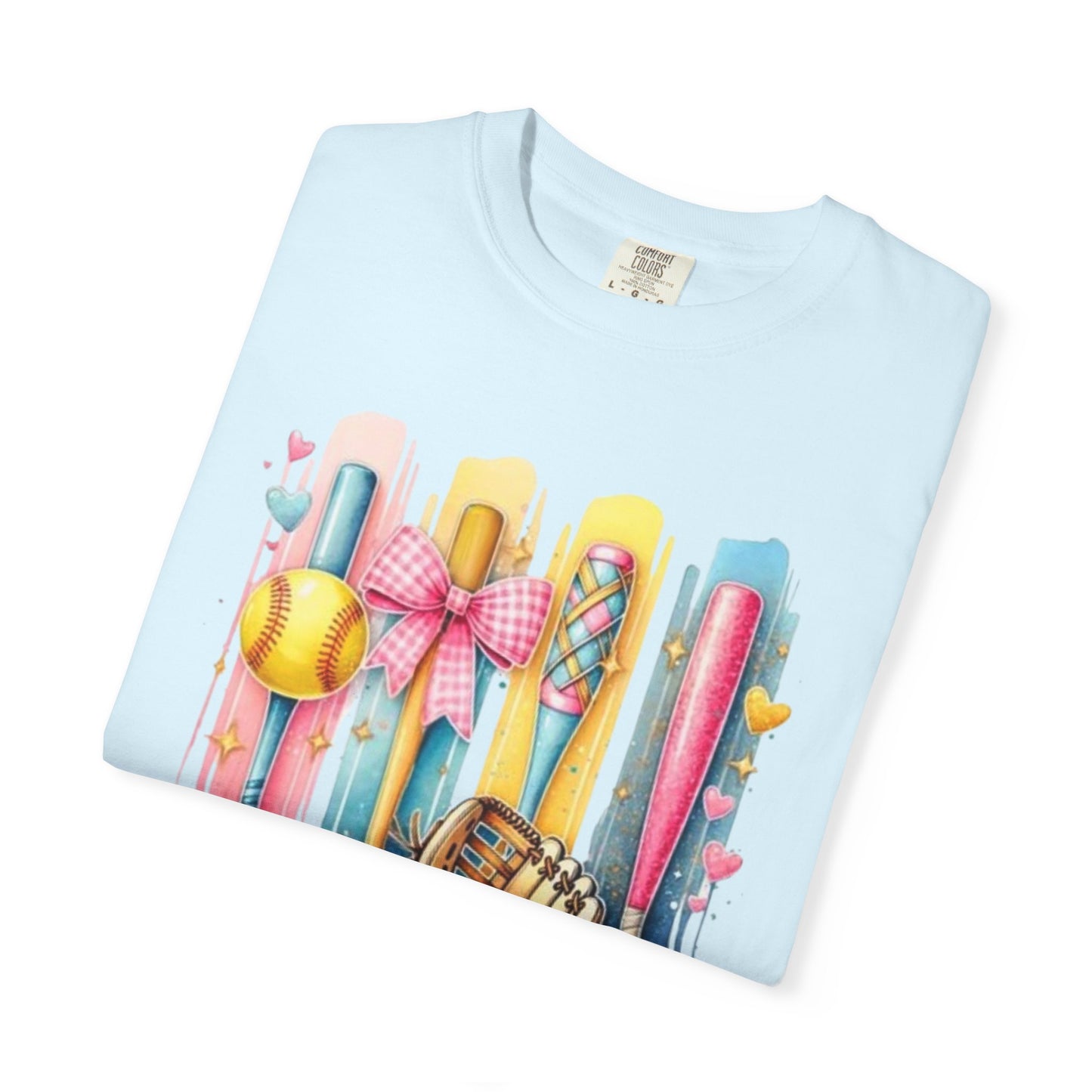 Softball Mama T-Shirt - Colorful Bats & Glove Graphic
