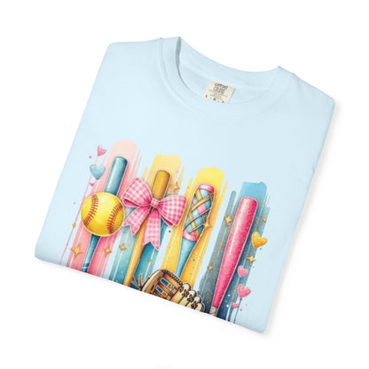 Softball Mama T-Shirt - Colorful Bats & Glove Graphic