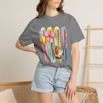 Softball Mama T-Shirt - Colorful Bats & Glove Graphic