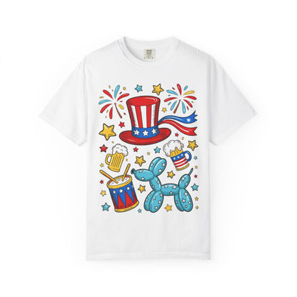 Patriotic Party T-Shirt — Uncle Sam Hat, Fireworks & Balloon Dog 4th of July Tee