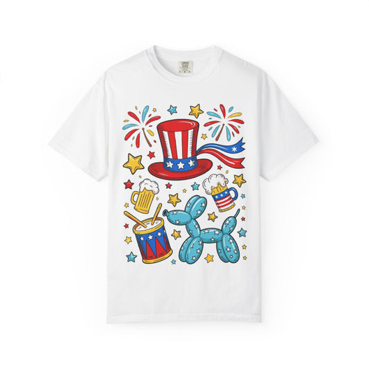 Patriotic Party T-Shirt — Uncle Sam Hat, Fireworks & Balloon Dog 4th of July Tee