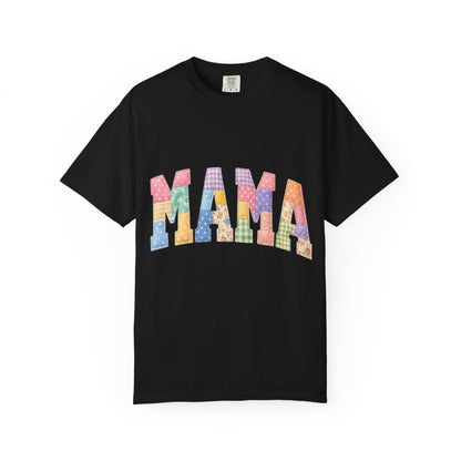 Mama Patchwork Graphic T-Shirt – Colorful Quilted Letter Tee for Moms