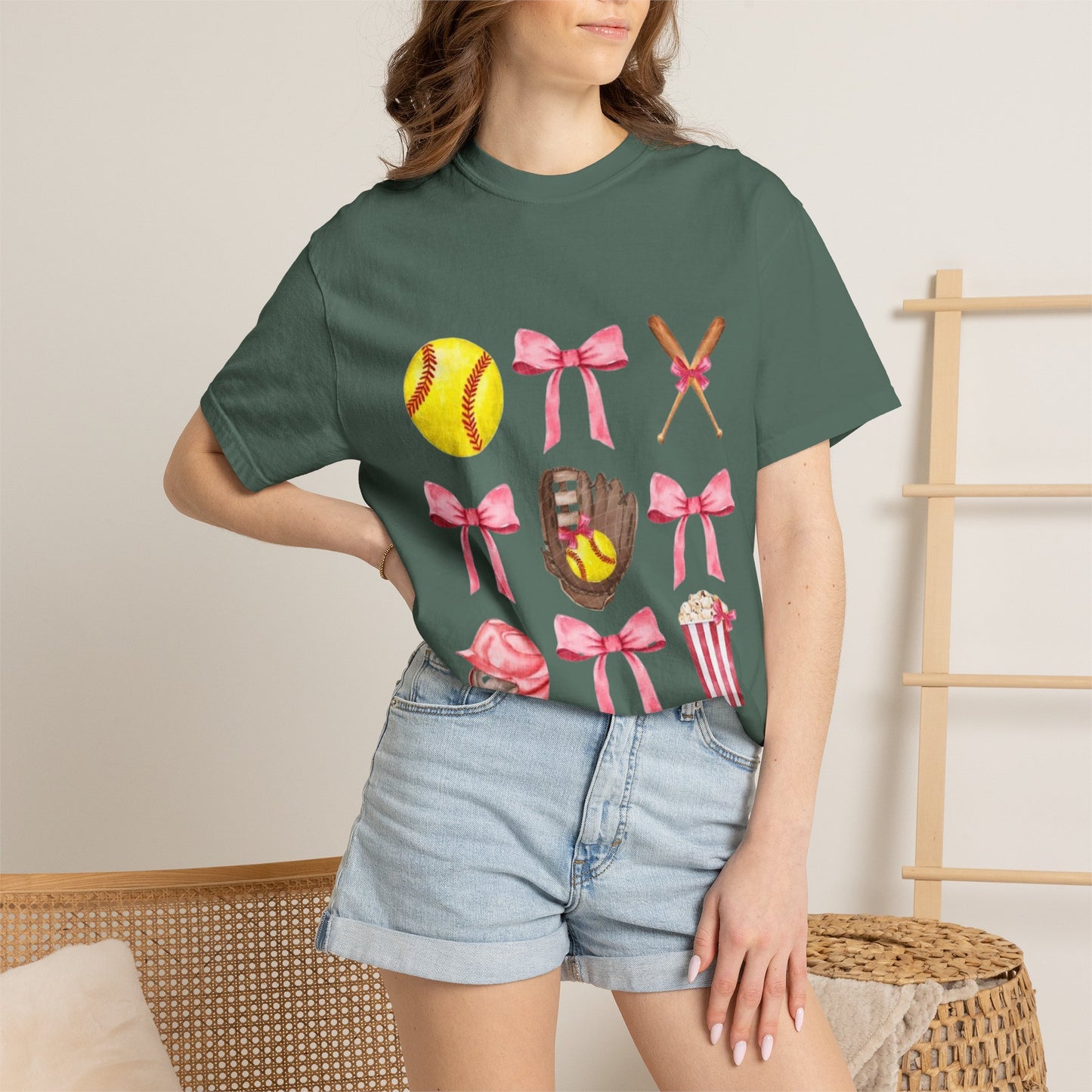 Softball Mom Graphic T-Shirt — Pink Bows, Glove & Helmet Design