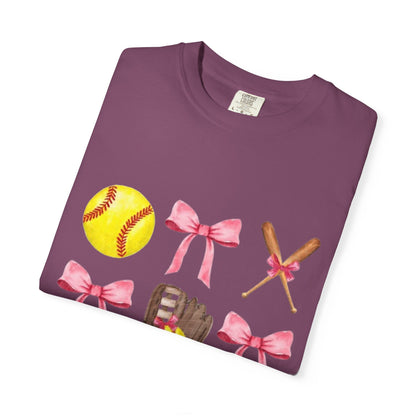 Softball Mom Graphic T-Shirt — Pink Bows, Glove & Helmet Design
