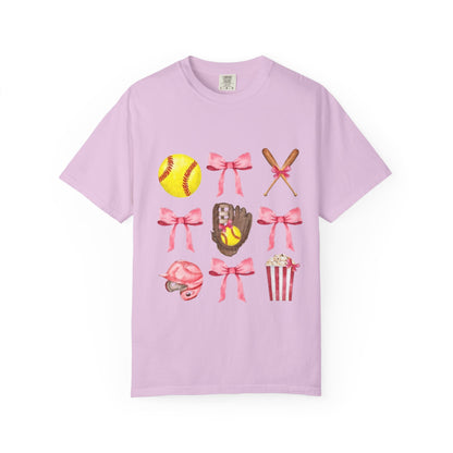 Softball Mom Graphic T-Shirt — Pink Bows, Glove & Helmet Design