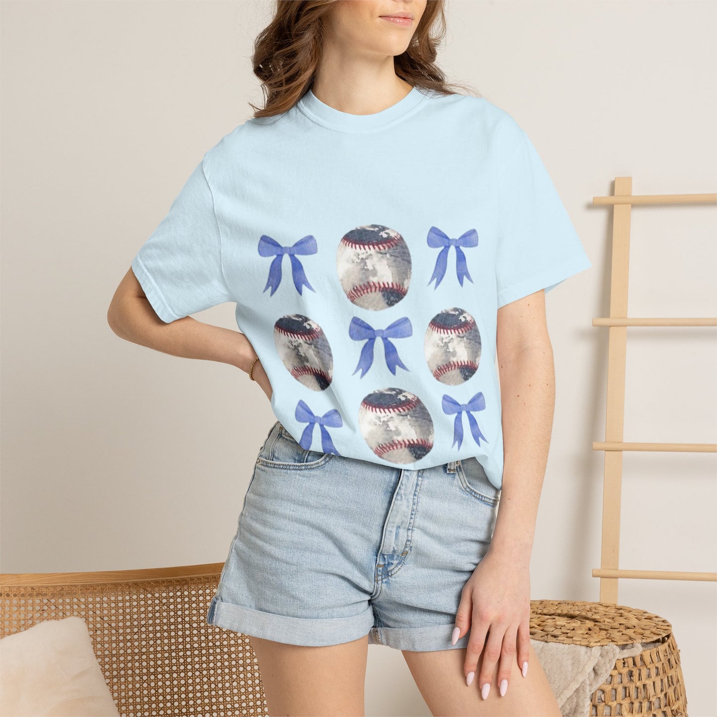 Baseball Bow Pattern T-Shirt — Cute Sports Graphic Tee