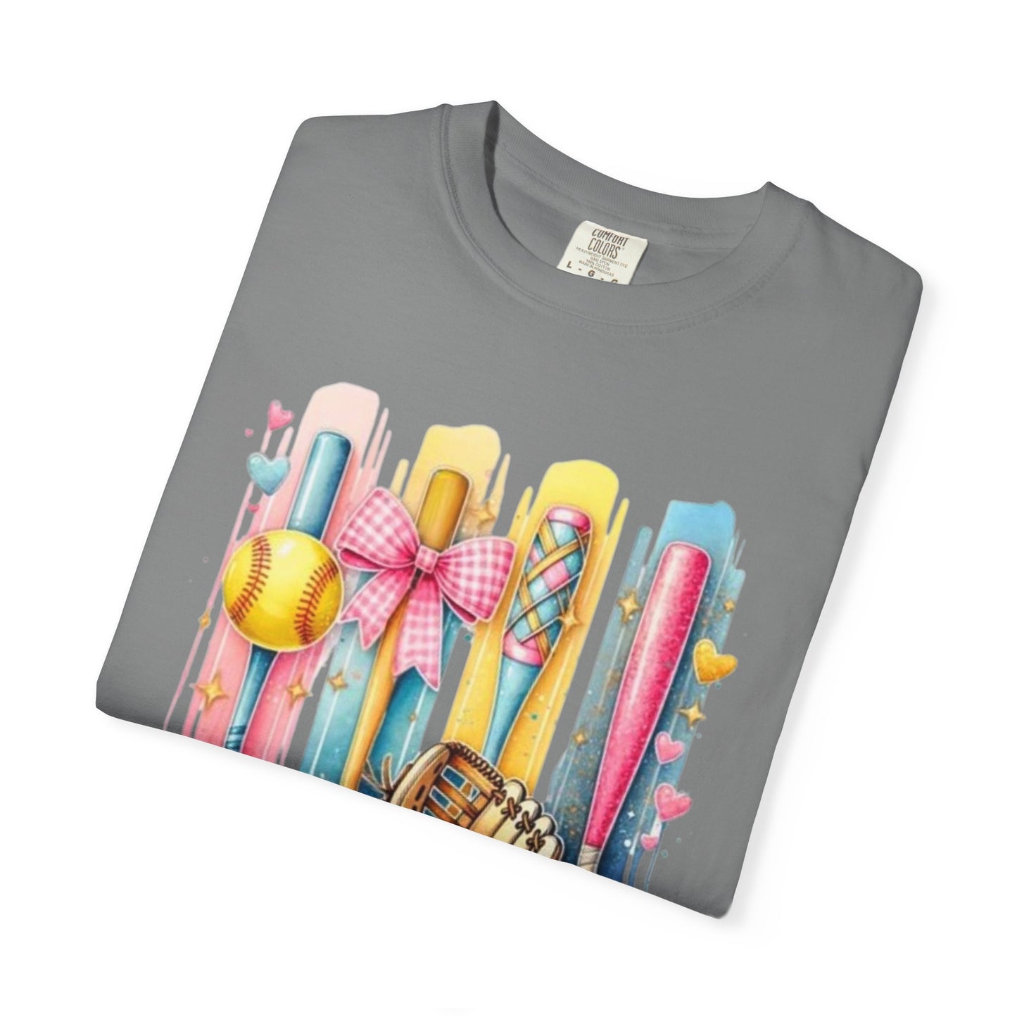 Softball Mama T-Shirt - Colorful Bats & Glove Graphic