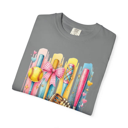 Softball Mama T-Shirt - Colorful Bats & Glove Graphic