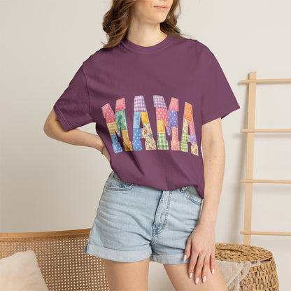 Mama Patchwork Graphic T-Shirt – Colorful Quilted Letter Tee for Moms