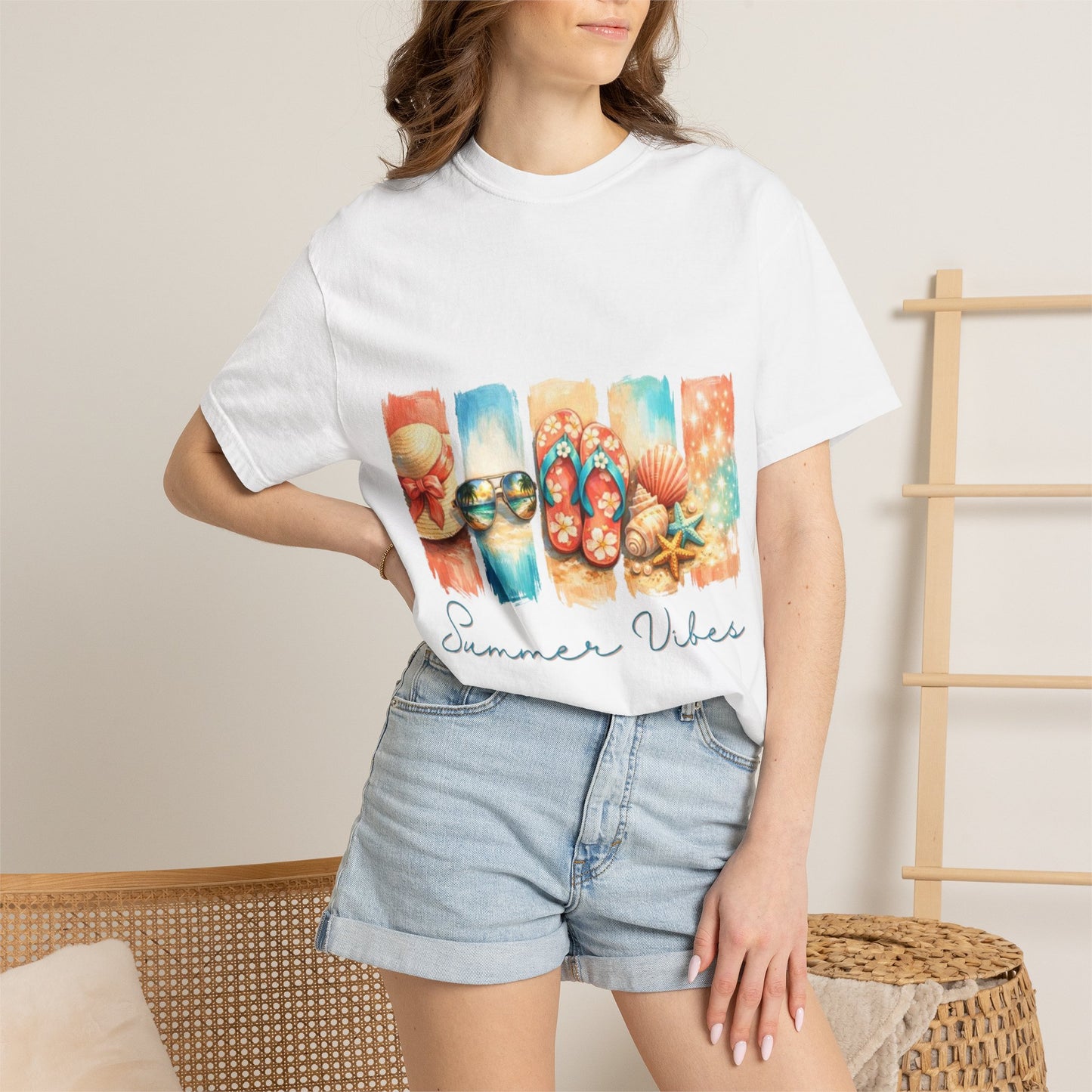 Summer Vibes T-Shirt — Beach Flip-Flops & Shells Graphic Tee