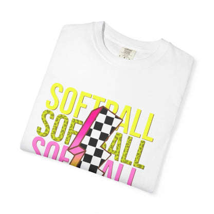 Softball Lightning Tee — Checkerboard Bolt Graphic Softball T‑Shirt