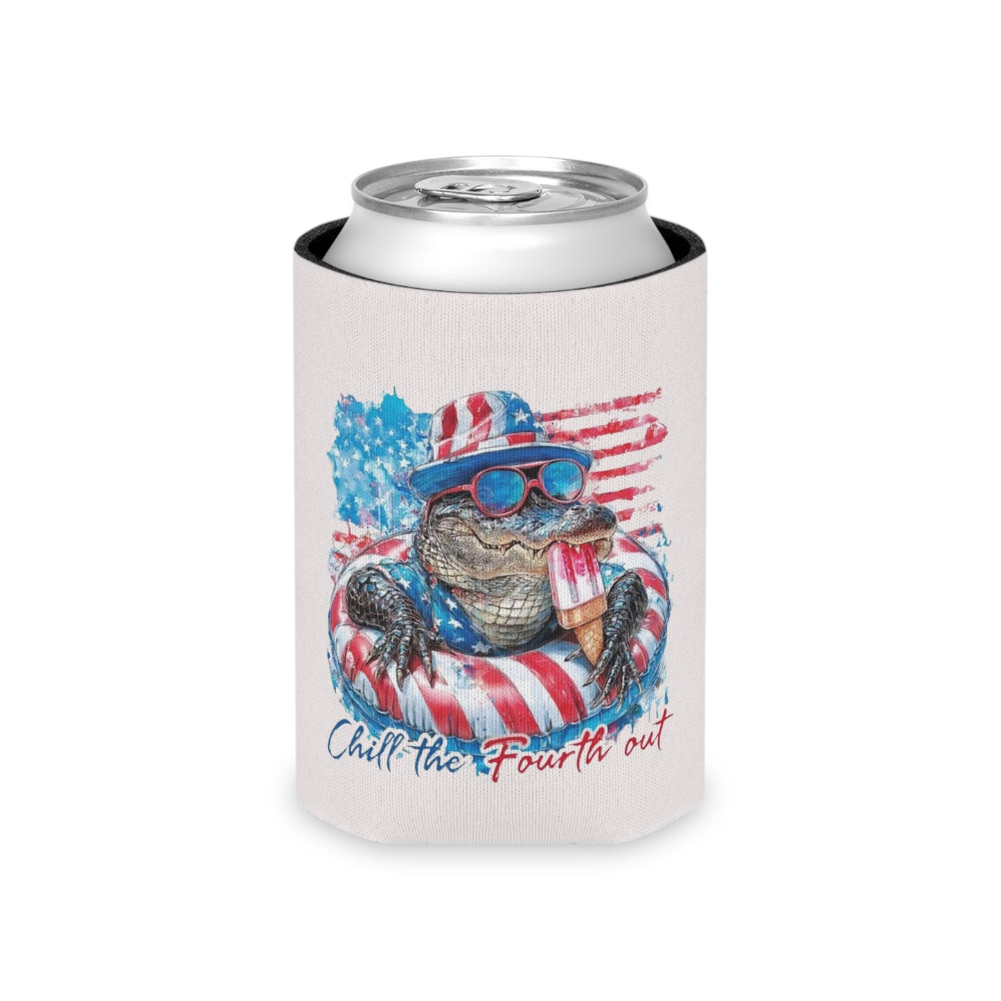 Patriotic Gator Can Cooler — "Chill the Fourth Out" 4th of July Drink Koozie