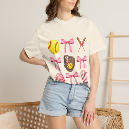 Softball Mom Graphic T-Shirt — Pink Bows, Glove & Helmet Design