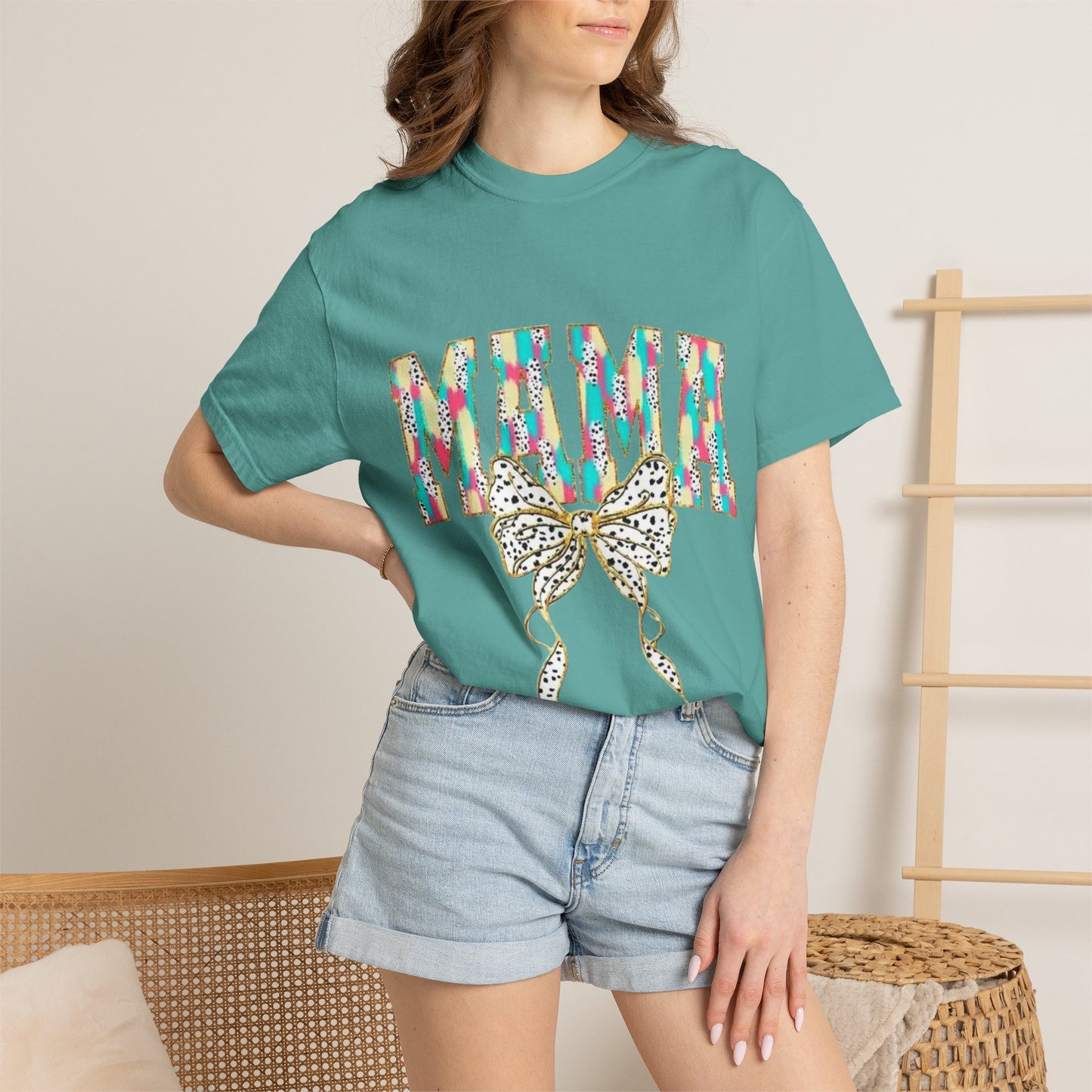 Mama Graphic T-Shirt with Colorful Leopard Bow — Mother's Day Casual Tee