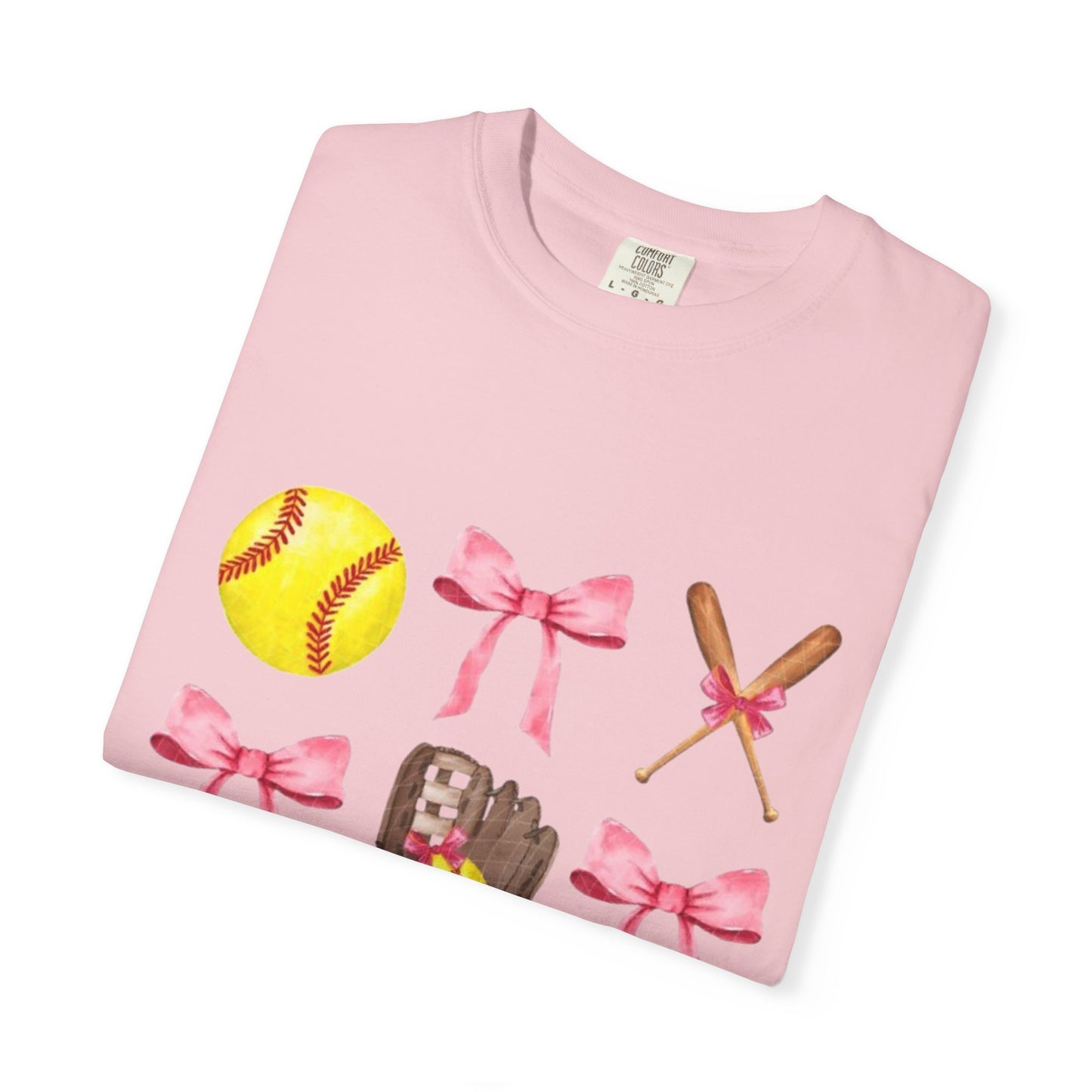 Softball Mom Graphic T-Shirt — Pink Bows, Glove & Helmet Design