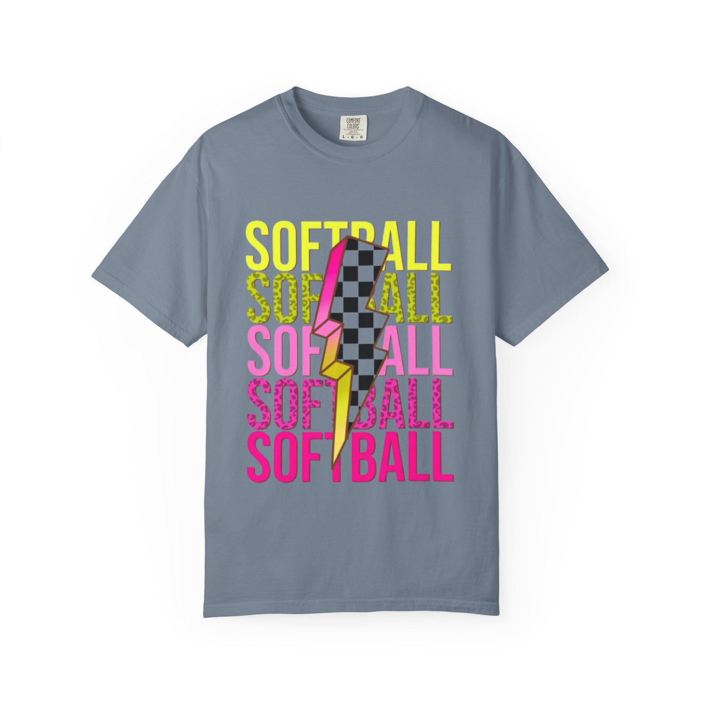 Softball Lightning Tee — Checkerboard Bolt Graphic Softball T‑Shirt