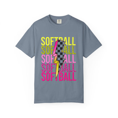 Softball Lightning Tee — Checkerboard Bolt Graphic Softball T‑Shirt