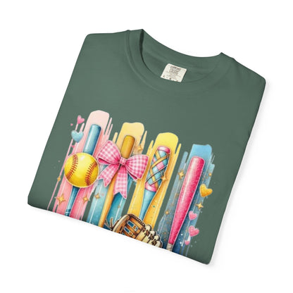 Softball Mama T-Shirt - Colorful Bats & Glove Graphic