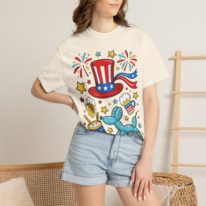Patriotic Party T-Shirt — Uncle Sam Hat, Fireworks & Balloon Dog 4th of July Tee