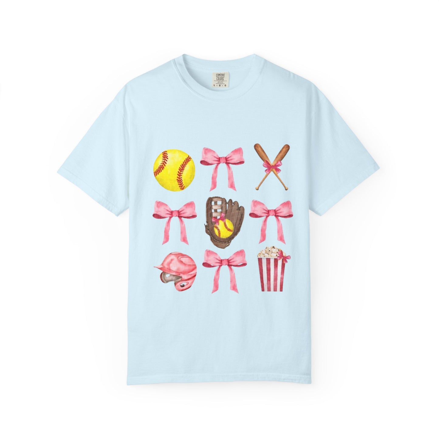 Softball Mom Graphic T-Shirt — Pink Bows, Glove & Helmet Design
