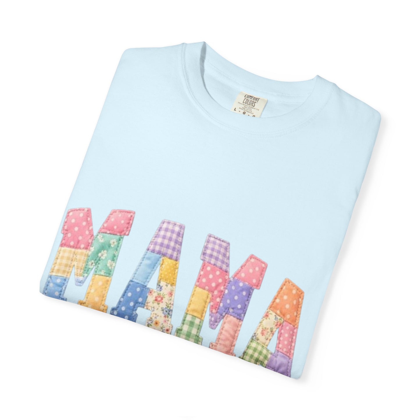 Mama Patchwork Graphic T-Shirt – Colorful Quilted Letter Tee for Moms