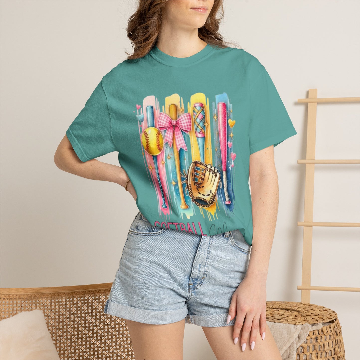 Softball Mama T-Shirt - Colorful Bats & Glove Graphic