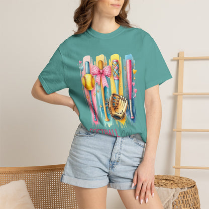 Softball Mama T-Shirt - Colorful Bats & Glove Graphic