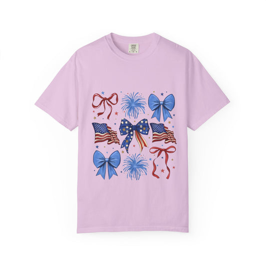 Patriotic Bows T-Shirt — American Flag & Fireworks 4th of July Tee