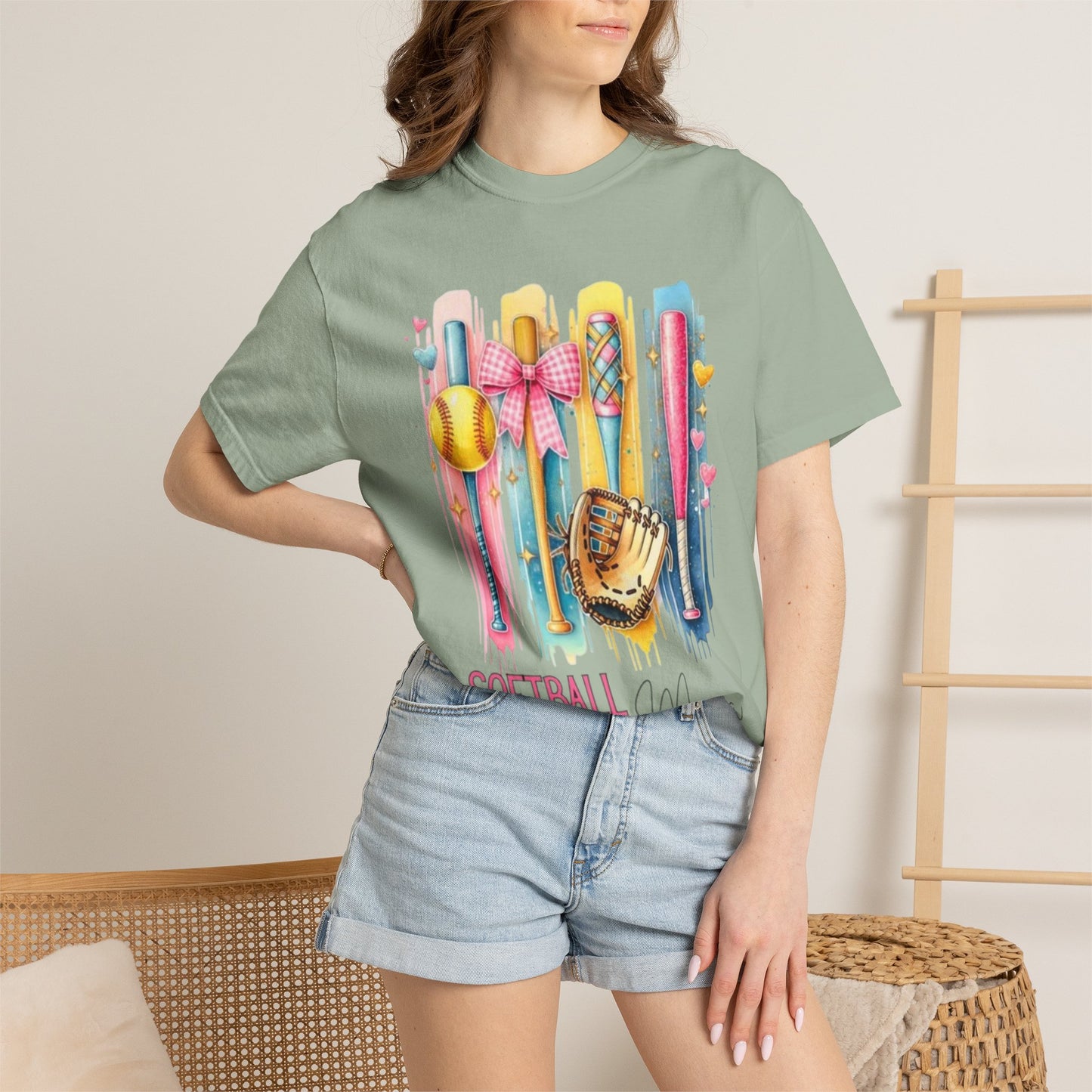 Softball Mama T-Shirt - Colorful Bats & Glove Graphic