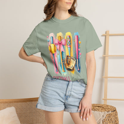 Softball Mama T-Shirt - Colorful Bats & Glove Graphic