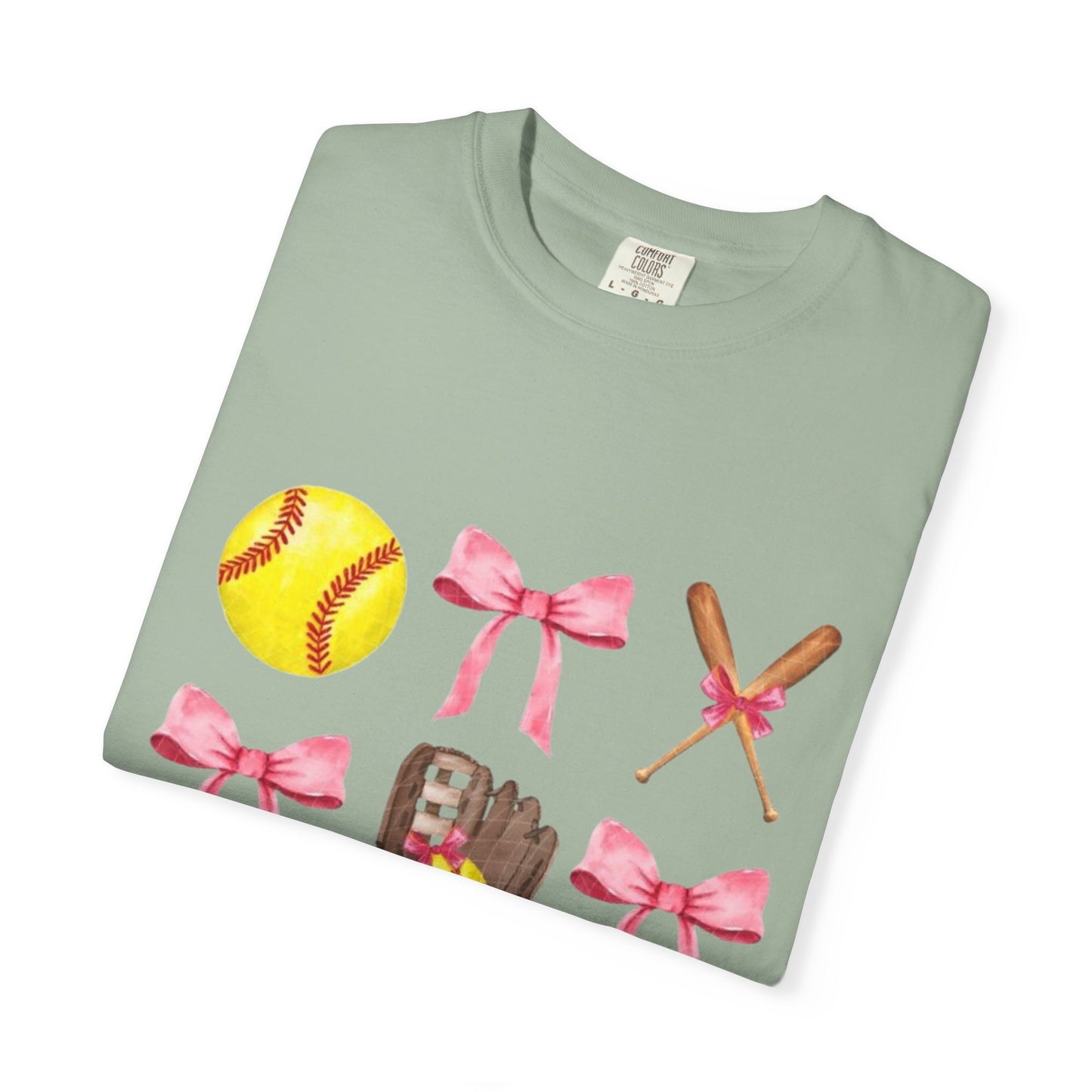 Softball Mom Graphic T-Shirt — Pink Bows, Glove & Helmet Design
