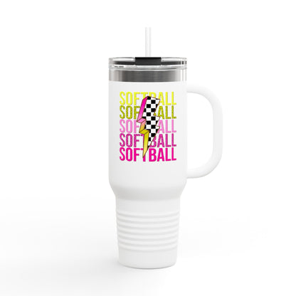Softball Lightning 40oz Insulated Travel Mug – Checkered Bolt Design