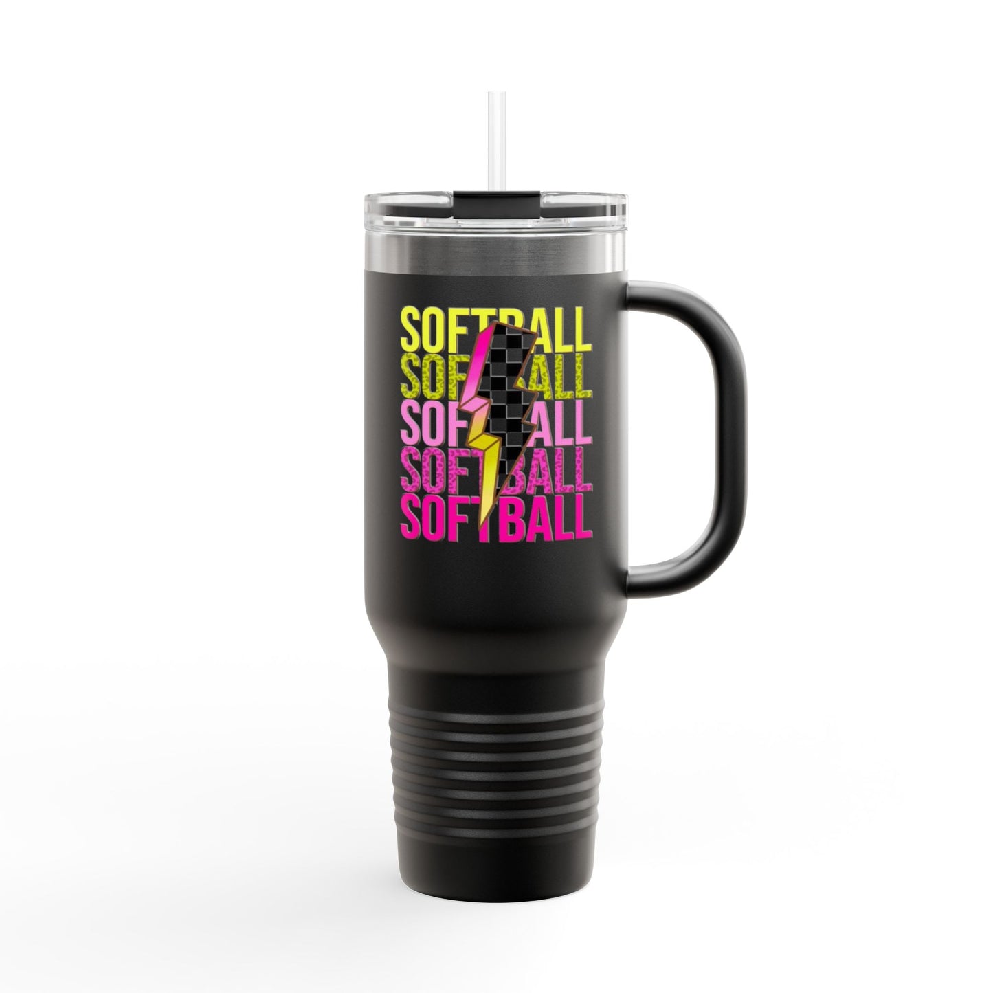 Softball Lightning 40oz Insulated Travel Mug – Checkered Bolt Design