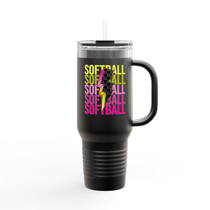Softball Lightning 40oz Insulated Travel Mug – Checkered Bolt Design