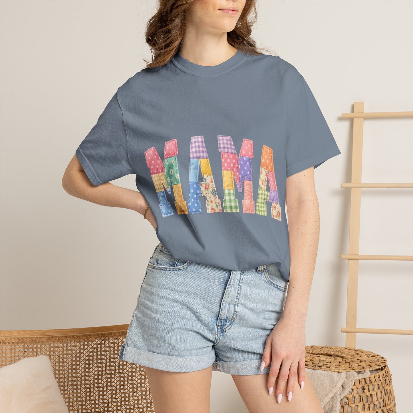 Mama Patchwork Graphic T-Shirt – Colorful Quilted Letter Tee for Moms